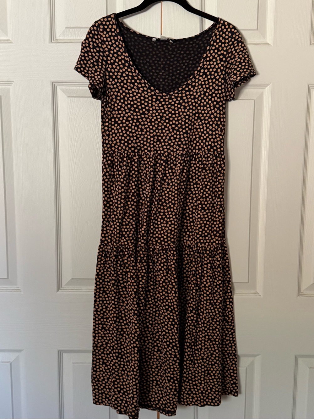 American Eagle Outfitters Black Midi Dress with Tan Polka Dots